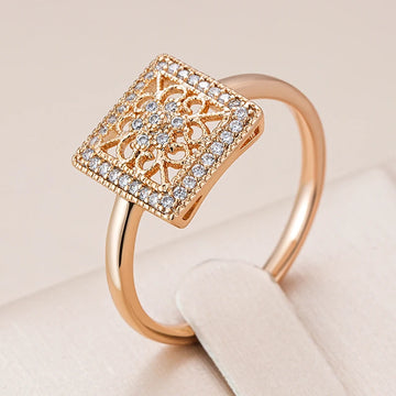 Unique Square Hollow Flower Rolled 14K Rose Gold AAA Zircon Diamonds Ring - Fashion Daily Fine Jewellery